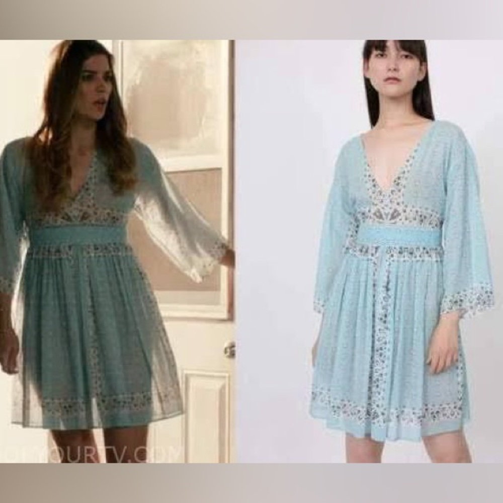 Super Rare ASO Alexis Rose D&G Pale Blue Bandana Trim V-Neck Mini Dress